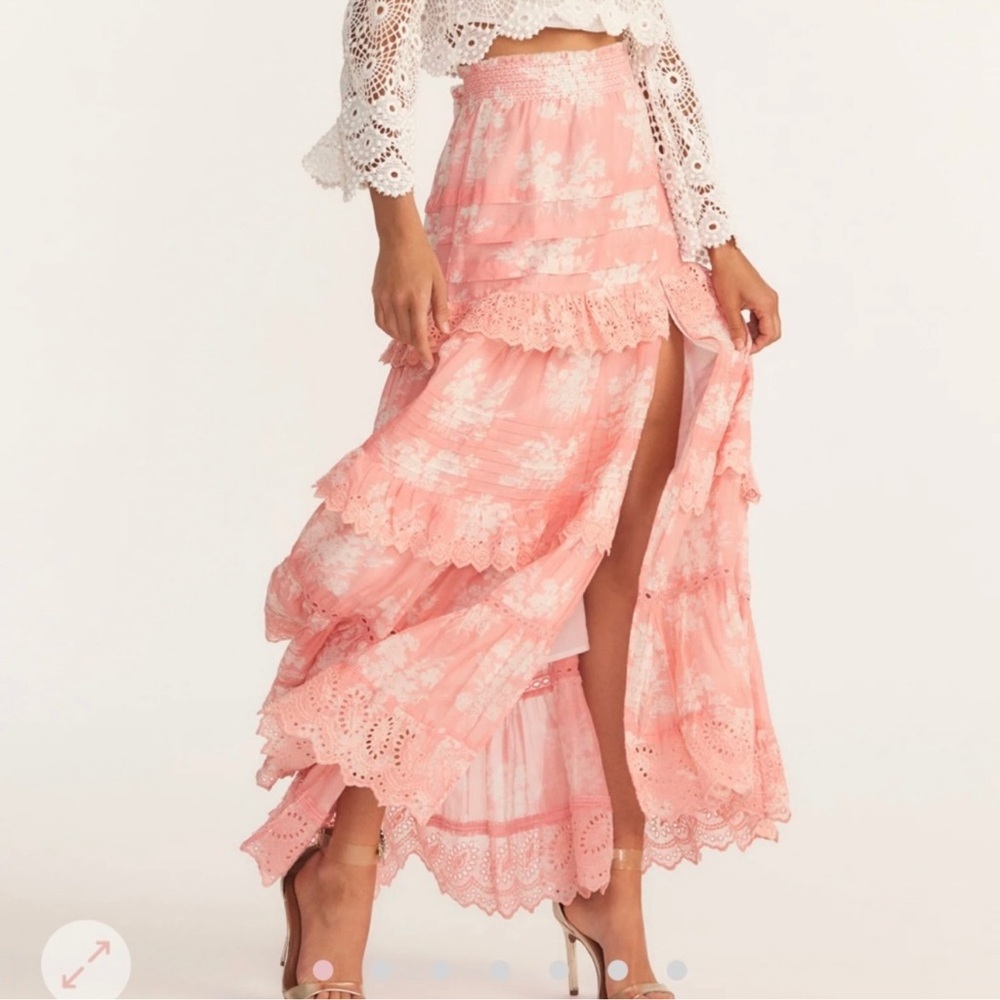 LoveShackFancy Ariah Cottagecore Feminine Ruffle Slit Eyelet Trim Maxi Skirt